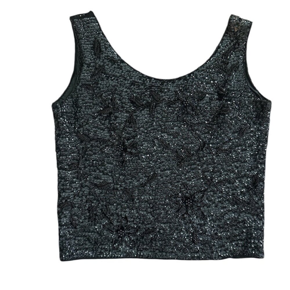 Vintage Black Sequin Beaded Sleeveless Top W/ Floral Design & Full-Back Zipper